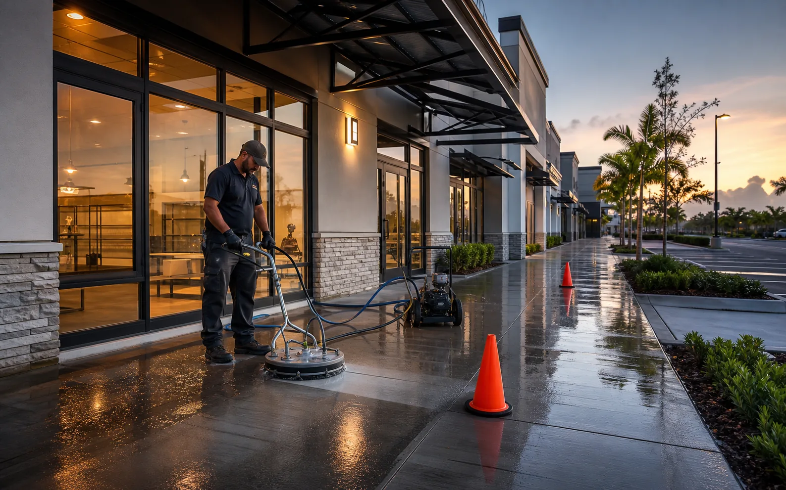 Technician pressure washing a commercial storefront walkway before opening