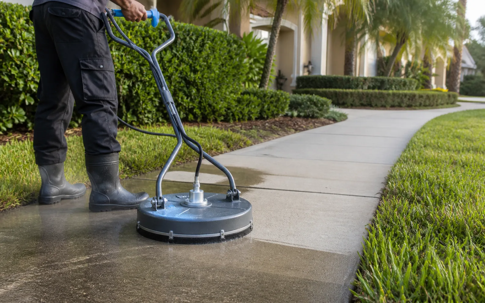 Rotary surface cleaner restoring a concrete walkway at a Florida home