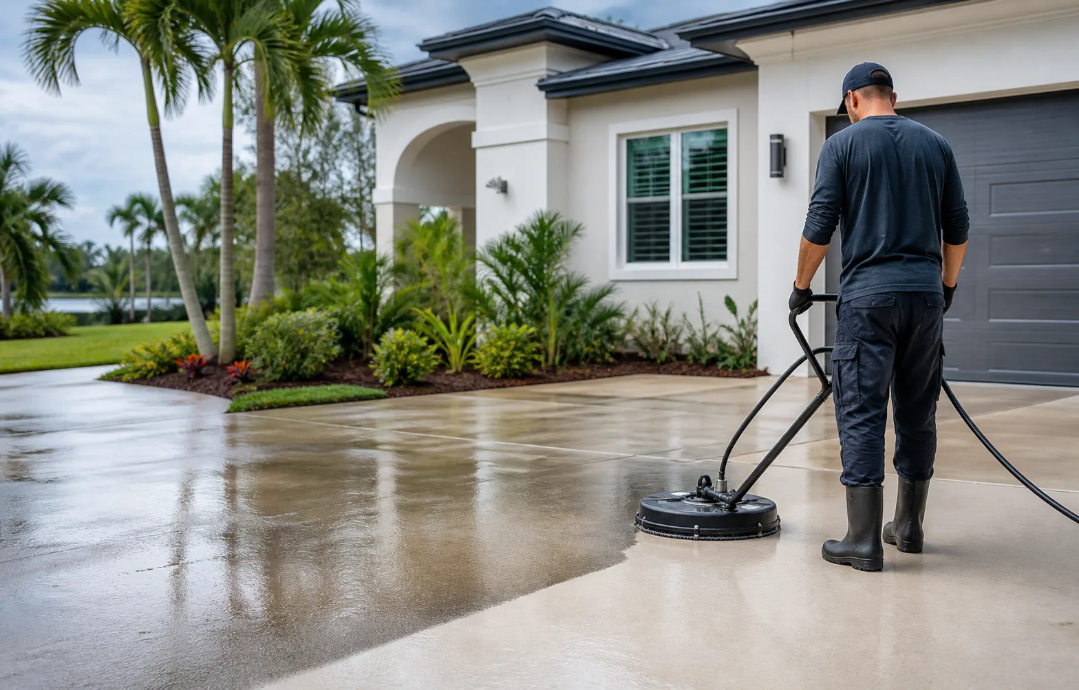 Technician using a rotary surface cleaner on a Florida concrete driveway