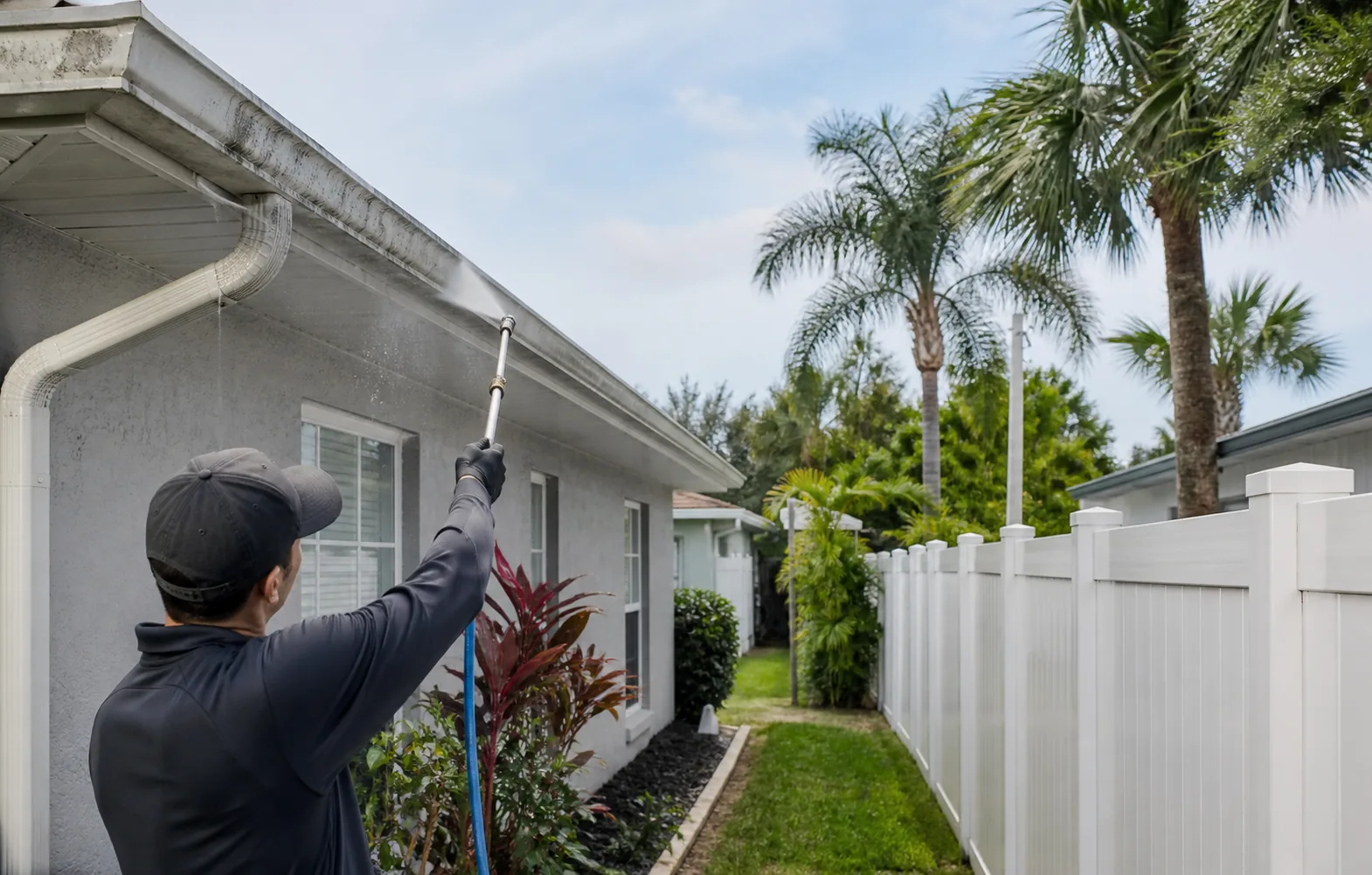 Technician cleaning beside a white vinyl fence at a Florida home