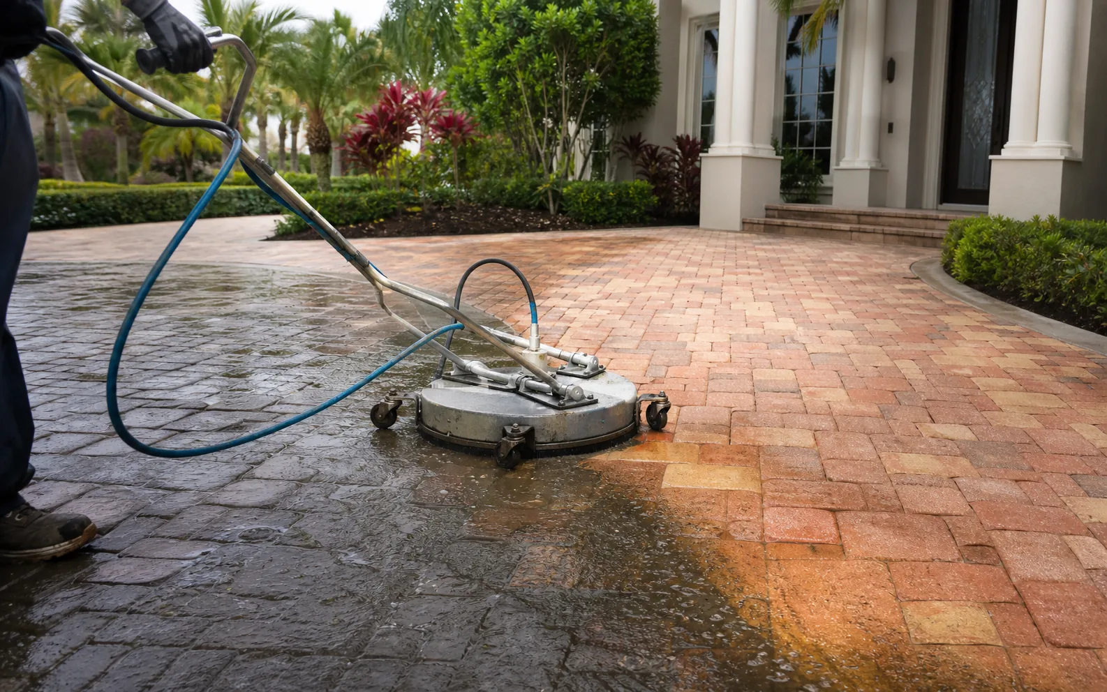 Professional surface cleaner revealing the natural color of Florida driveway pavers